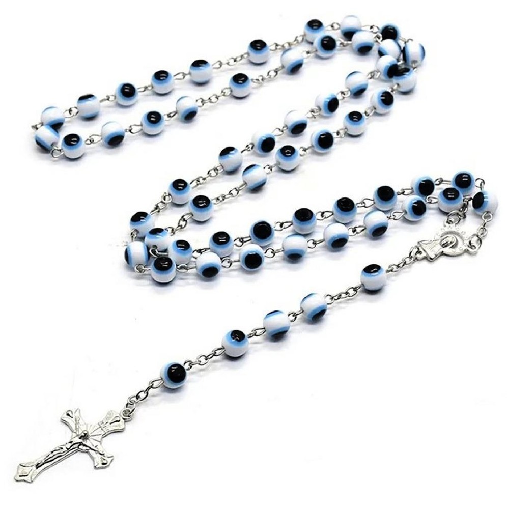 EVIL EYE ROSARY 30" Necklace 6" Drop 8mm Blue White Prayer Beads Cross Crucifix