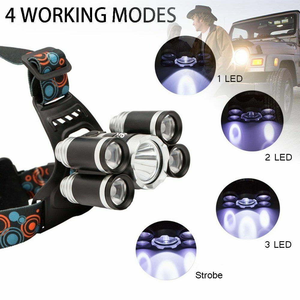 LED Headlamp 5 Head 18650 Headlight Flashlight Torch Light