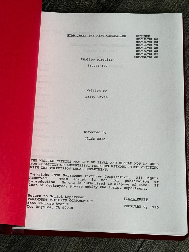 STAR TREK Script The Next Generation Hollow Pursuits Final Draft February 9 1990