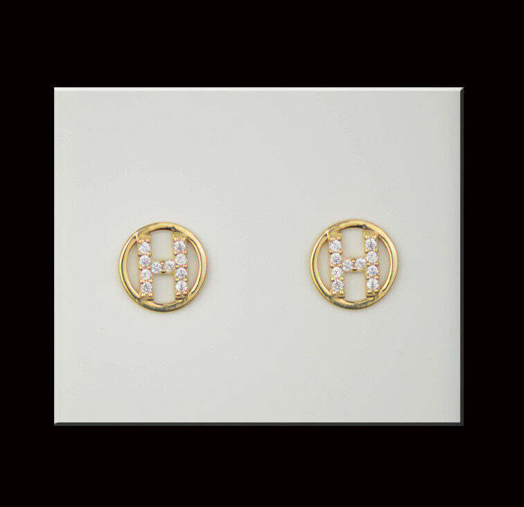 14k Yellow or White Gold Round Initial Letters CZ Stud Earrings