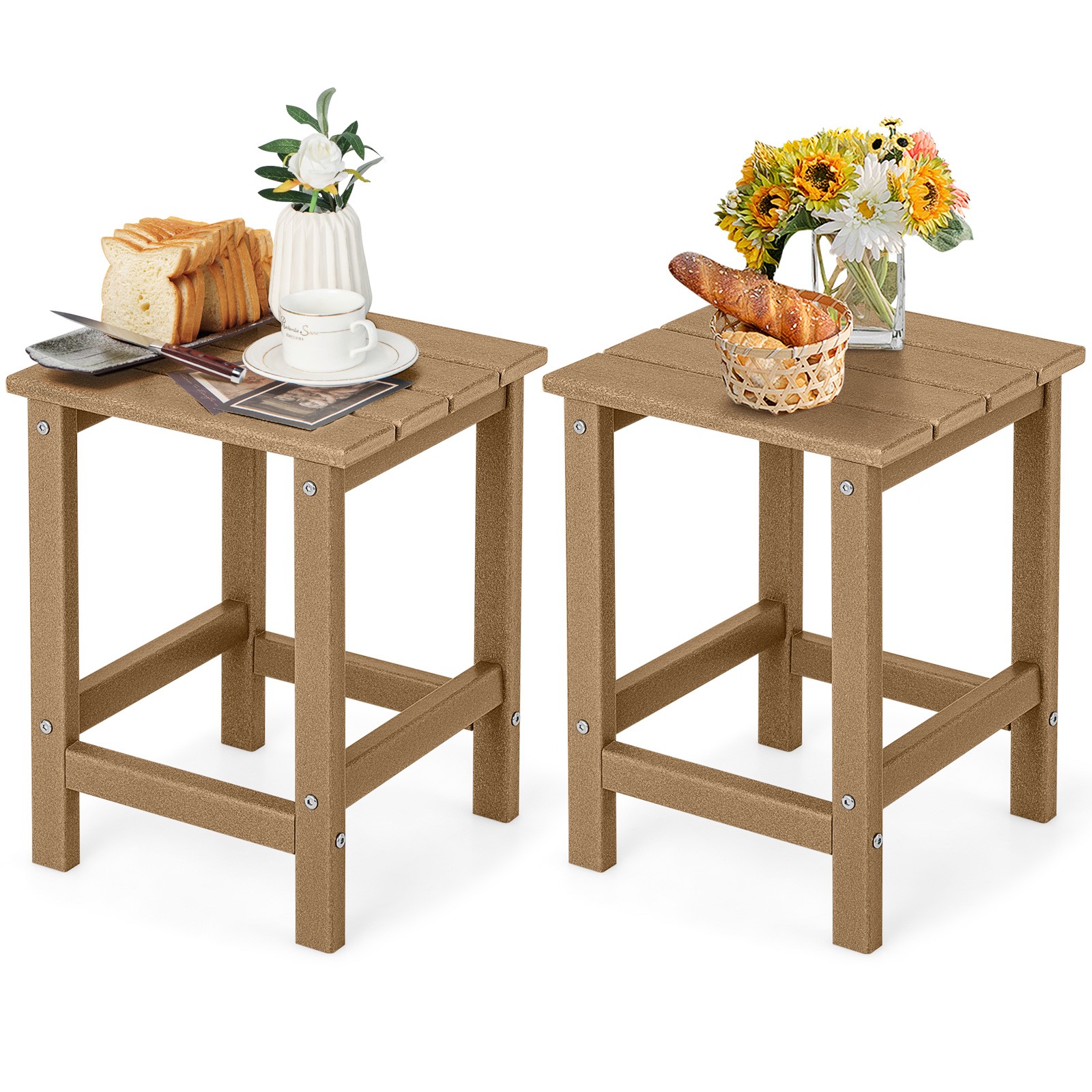 2PCS 14" Patio Adirondack Side Table HDPE Square Weather Resistant Garden Brown