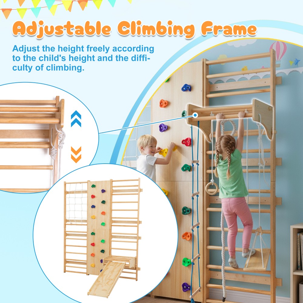 Indoor Climbing Set Rock Climbing Wall Wooden Swings Gymnastic Rings Rope Ladder