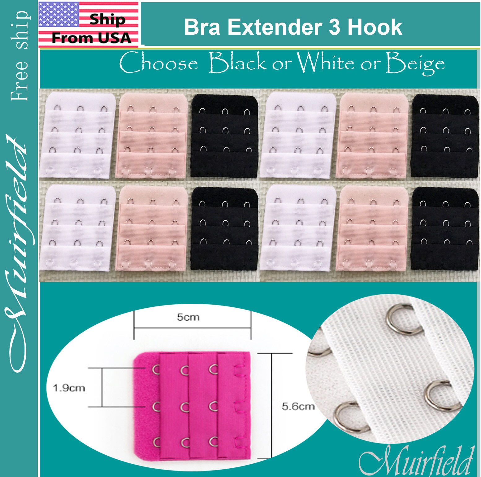Bra Extender 3 Hook Extension Black or White or Beige -US SELLER
