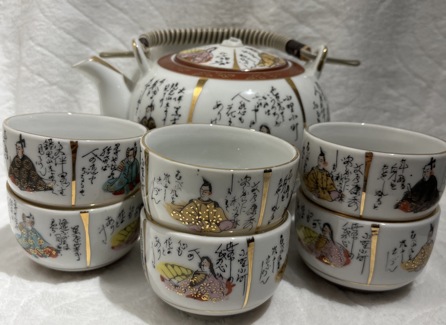 Antique Japanese Kutani Porcelain Teapot with 6 cups