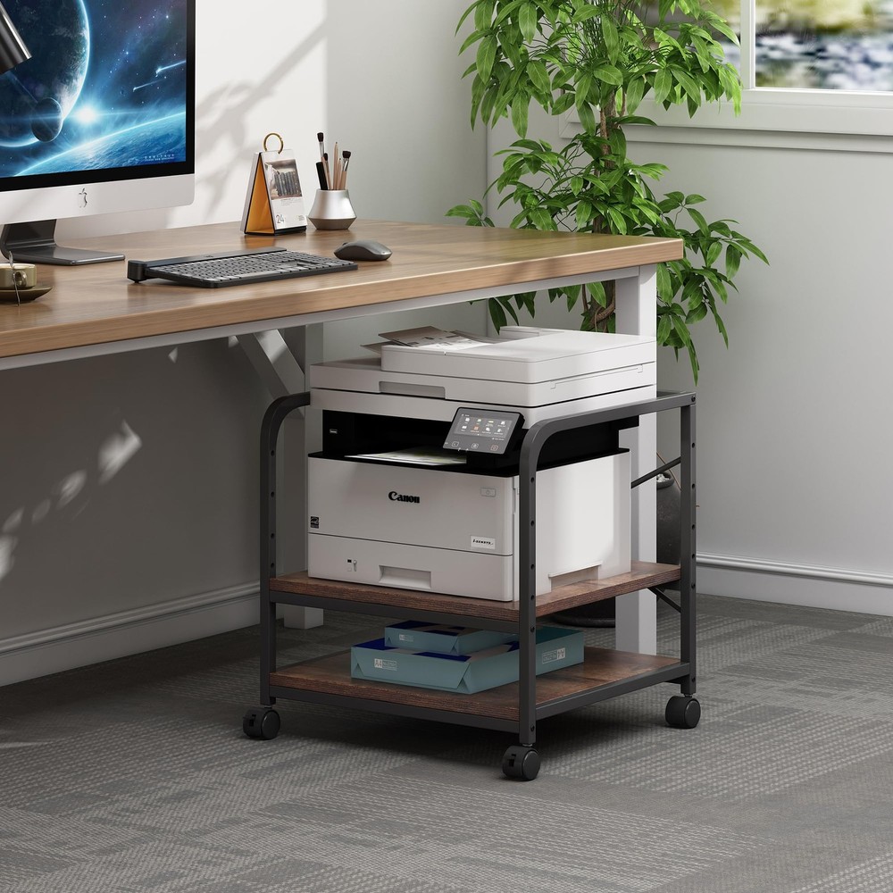 Under Desk Printer Stand, 20 Inches Deep Large Printer Table with Height Adju...