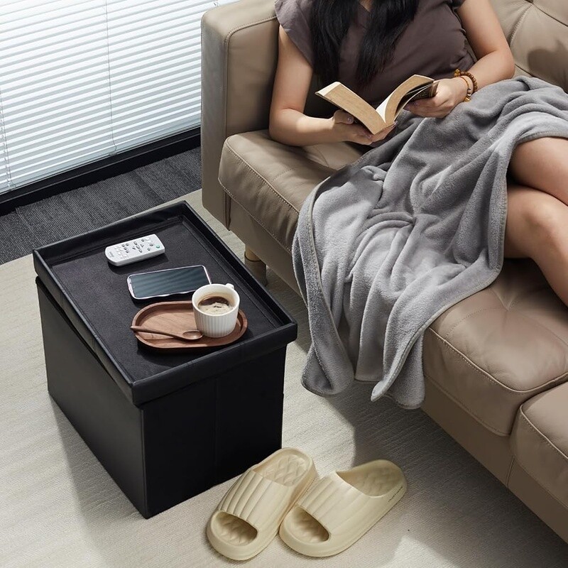 Folding Storage Ottoman Leather Foot Rest Stool Durable Compact Design New