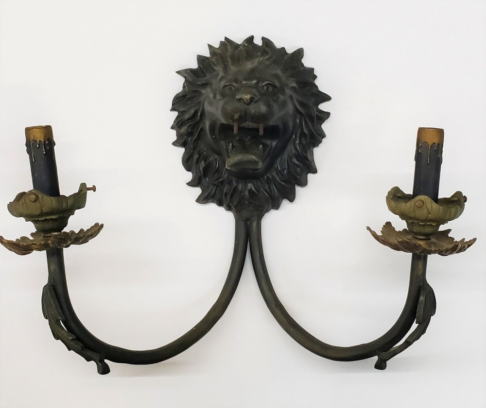 Unique 2 Light Cast Brass Lion's Head Wall Sconce