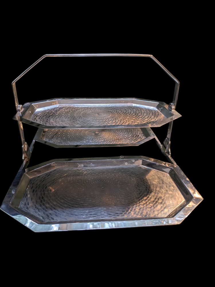 Vintage Large Chrome Cake Stand - Neatly Folding Compact - Engine Turned Pattern