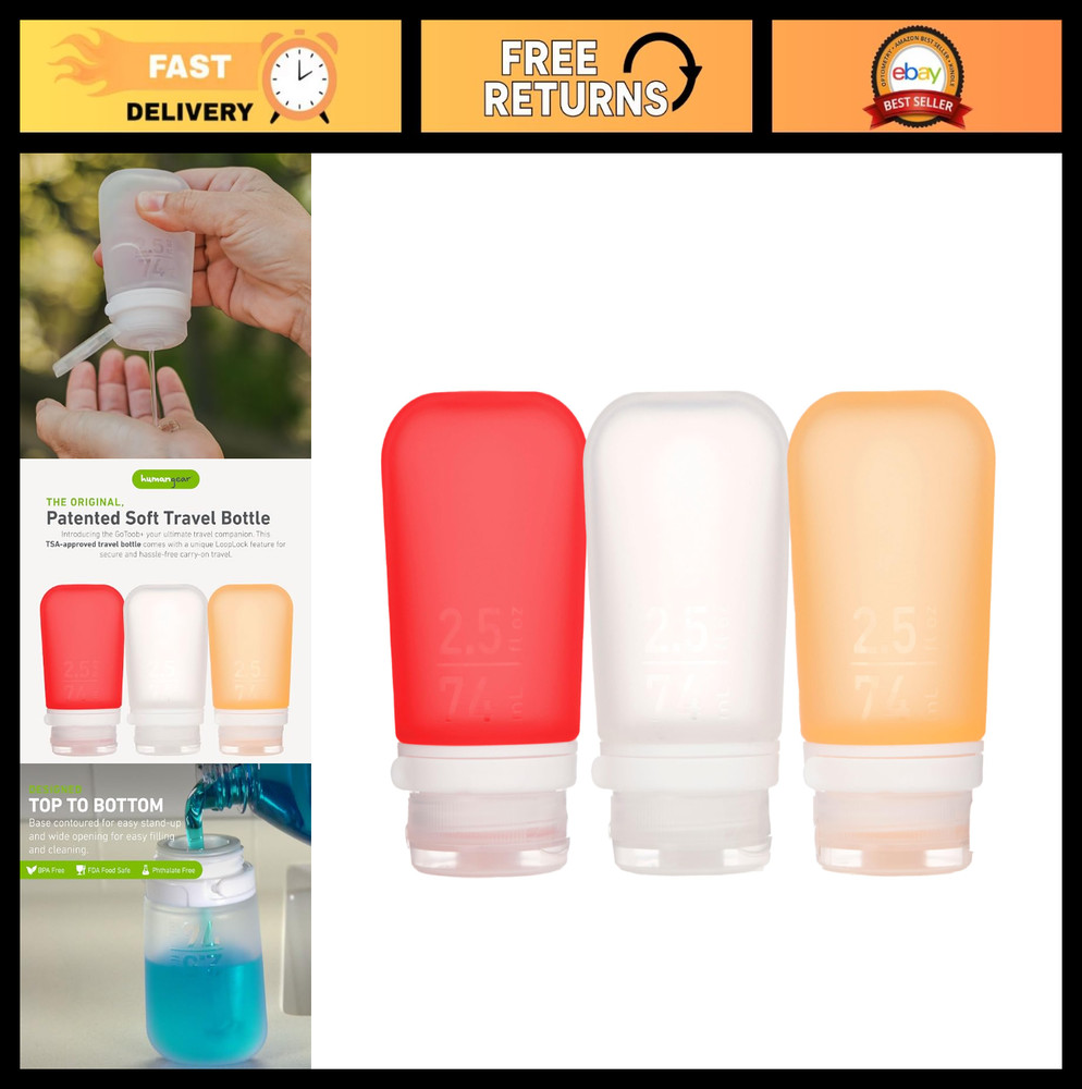 Refillable Silicone Travel Bottles 3-Pack with Locking Cap - Medium 2.5oz, Clear
