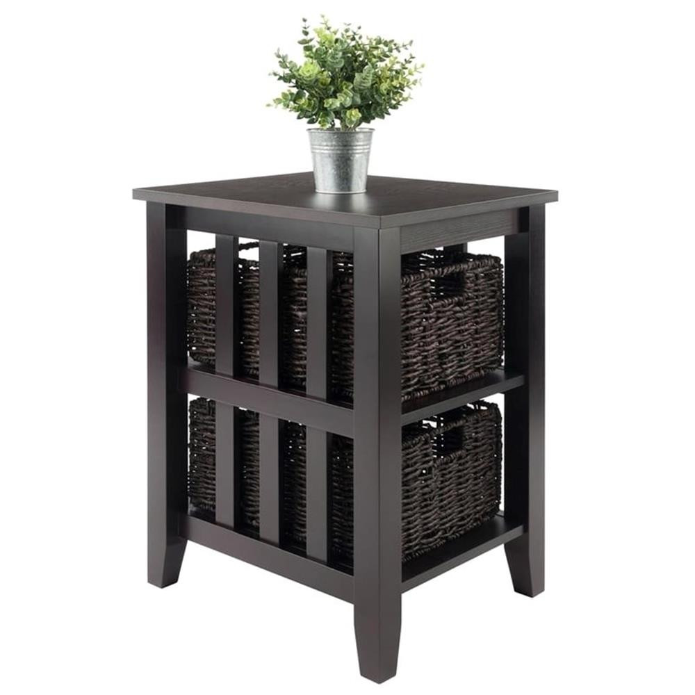 Pemberly Row Transitional Wood Side Table with 2 Foldable Baskets in Espresso