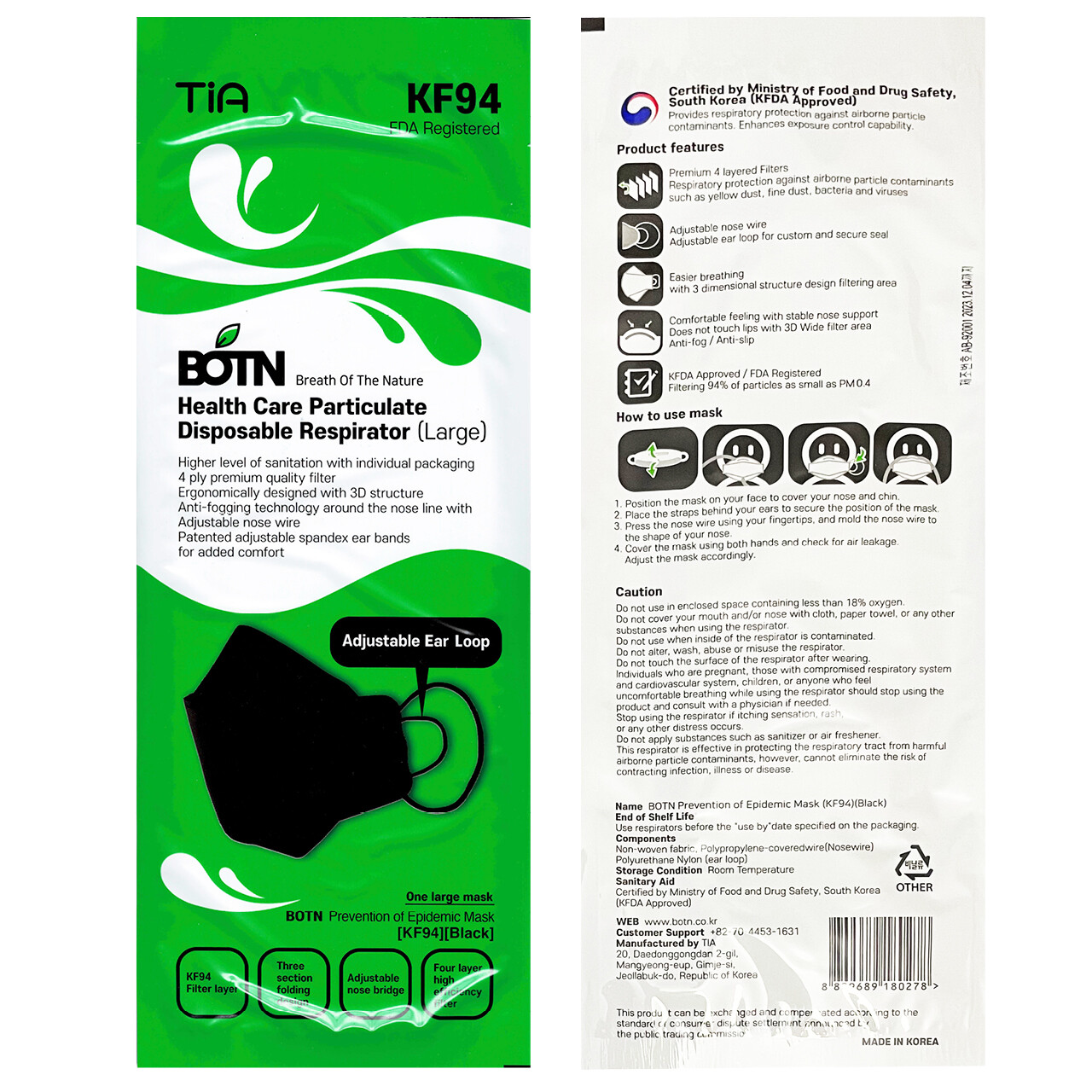 10 Pcs BOTN KF94 BLACK Protective Face Mask Adult Made in Korea KFDA Approved