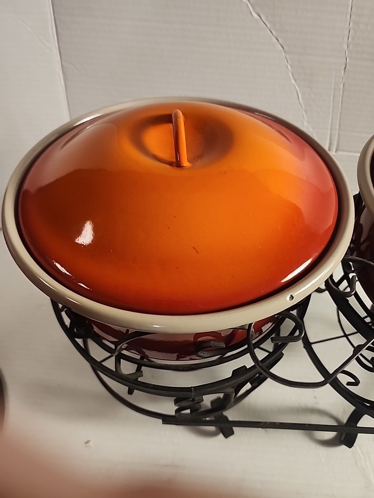 Vintage Globe Ware Double Chafing Dish with Warming Stands Red Orange Casserole