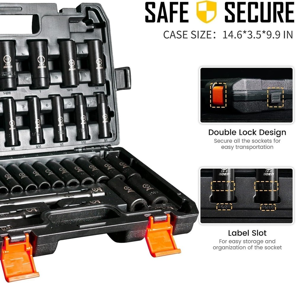 35-Piece 1/2" Drive Deep Impact Socket Set Home Workshop Hand SAE Extensions New
