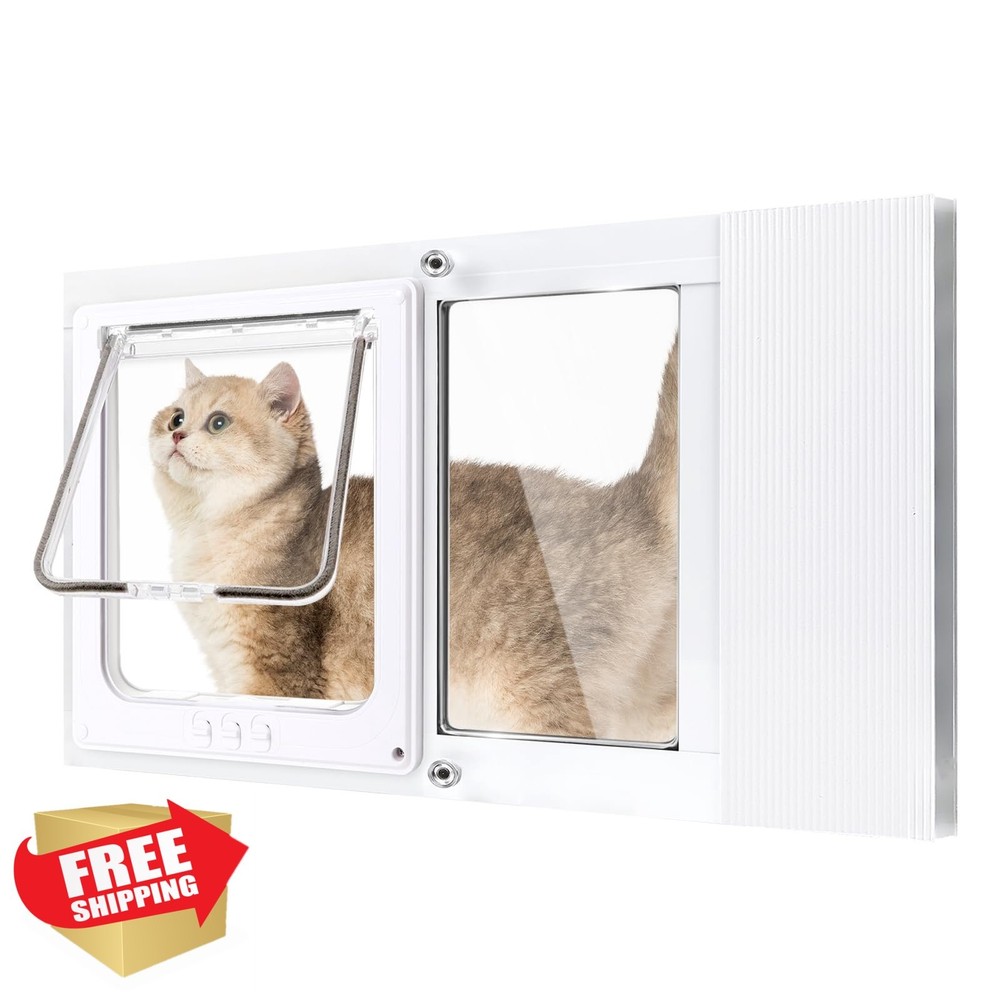 Cat Door for Window Insert, Fits 21"-24", Aluminum Frame, 4 Lock Modes