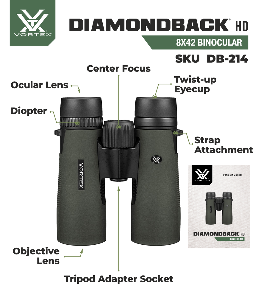 Vortex Optics Diamondback HD 8x42 Binocular with Free Camo Forest Hat Bundle