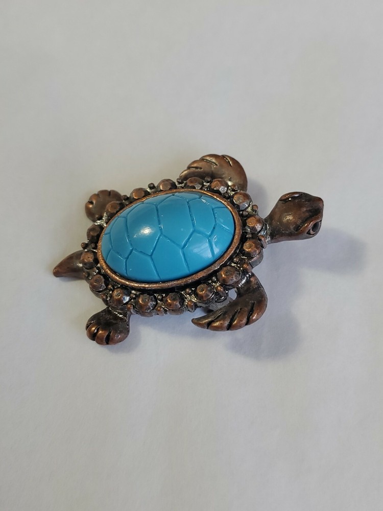 Turtle Brooch Lapel Pin Copper Color Body Blue Hard Plastic Shell