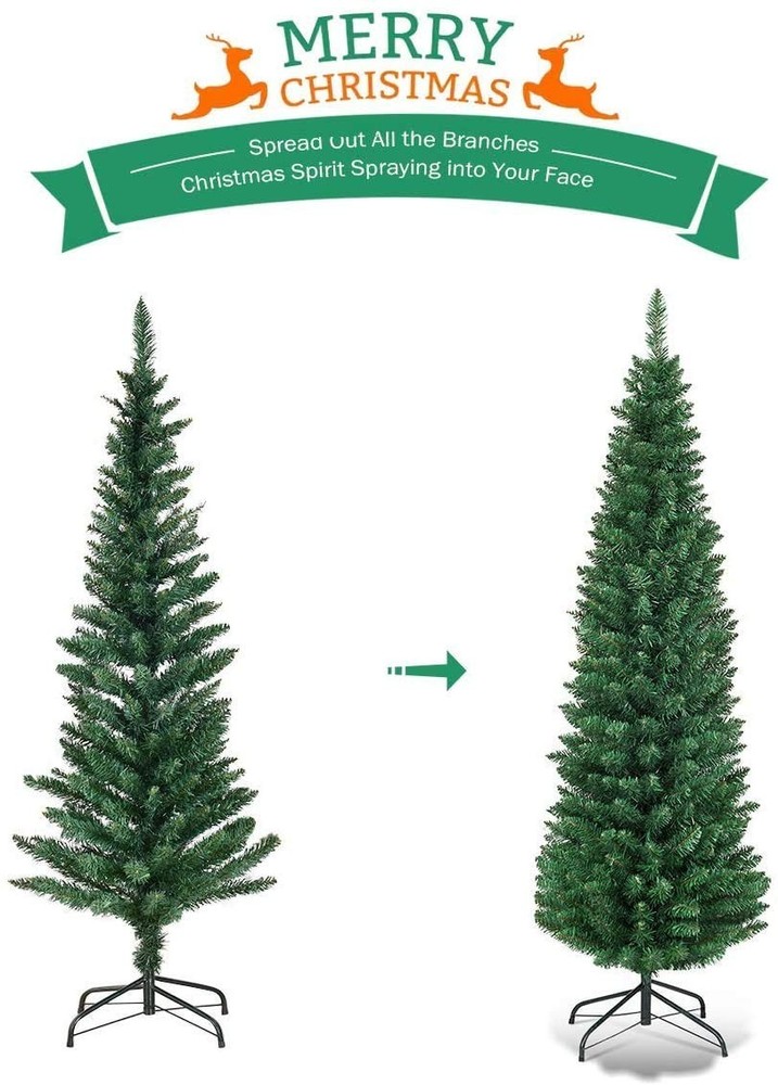 Giantex, Green Artificial Pencil Christmas, Hinged Pine Tree with Solid Metal Le