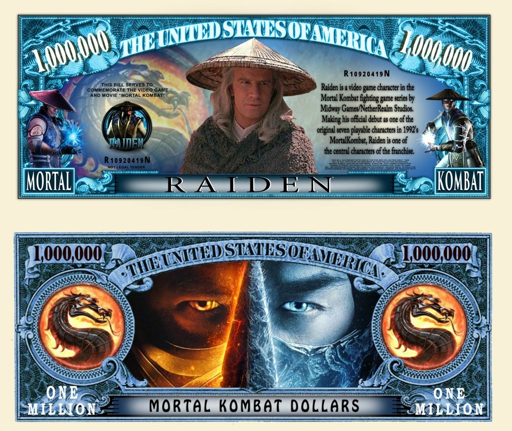 MORTAL KOMBAT RAIDEN MILLION DOLLAR BILL NOVELTY NOTE (2 Bills)