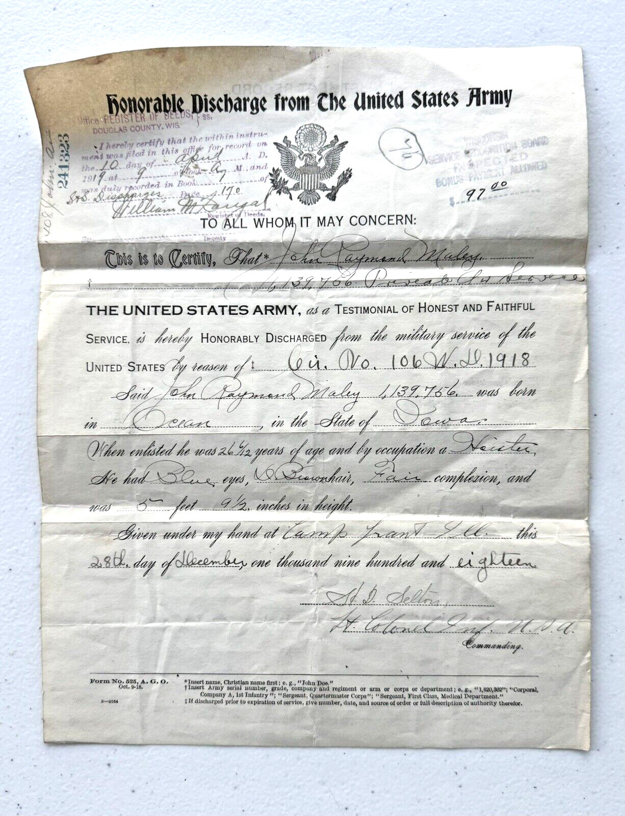 1918 WWI HONORBLE DISCHARGE PAPERS FROM THE UNITED STATES ARMY PRIVATE MALEY