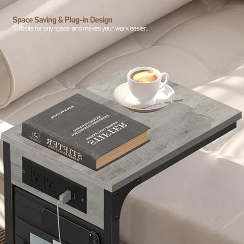 C Shaped End Table with Charging Station, Side Table for Sofa, Couch 2 Greige