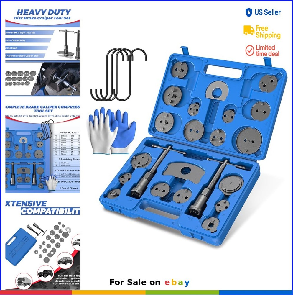 Brake Caliper Compressor Tool Universal Set 28 Piece Kit with Storage Box Hooks