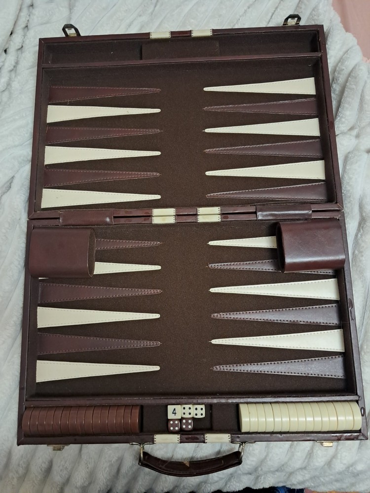 Bakelite Backgammom Gaming Set Complete Leather Bound Stitched