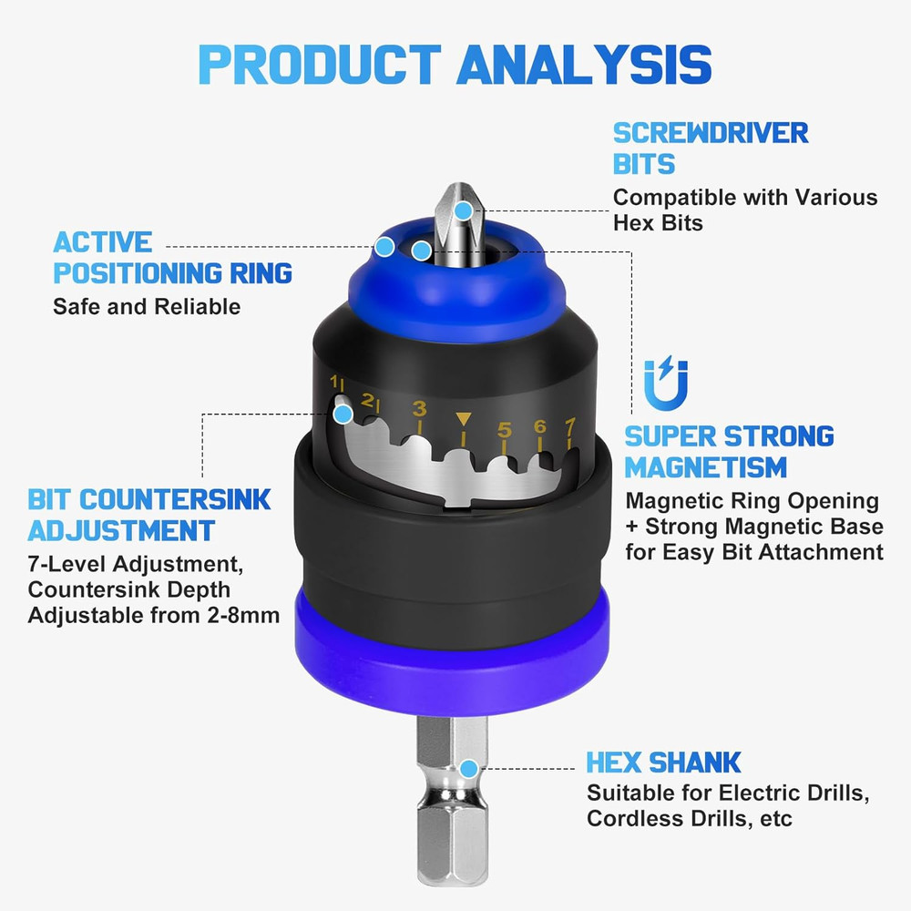 Adjustable Depth Drywall Screw Setter with Magnetic Holder and Bits
