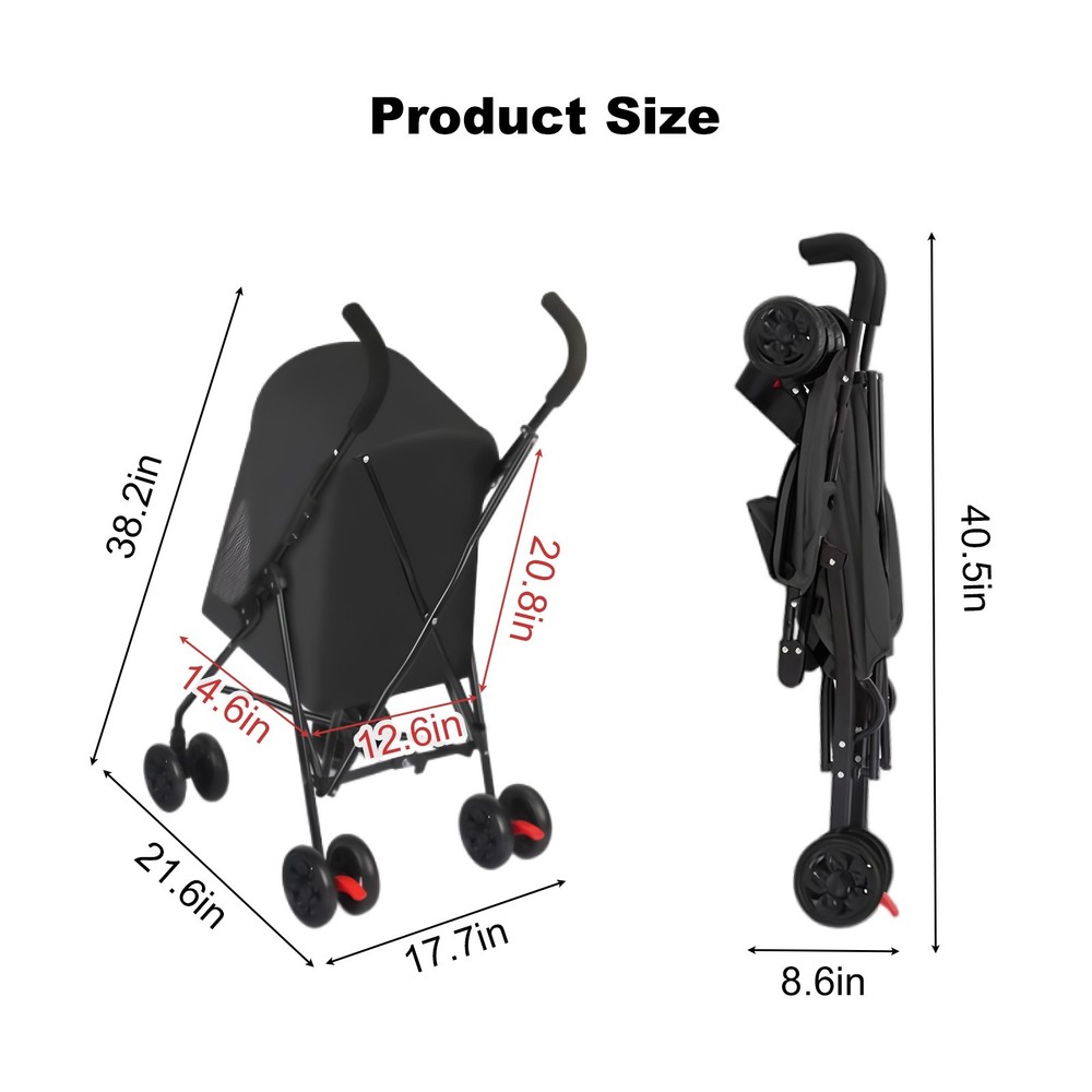 Pet Stroller Lightweight Foldable Mesh Ventilation Cup Holder Black