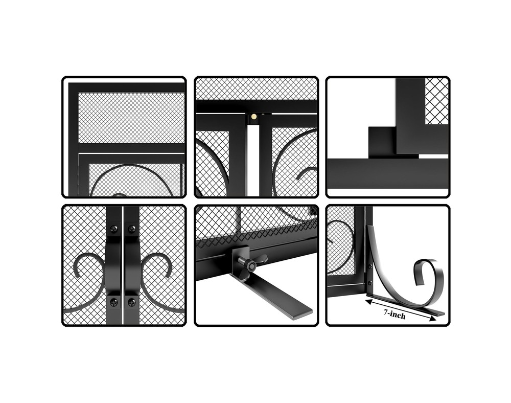 Flat Fireplace Screen with Doors,Solid Wrought Iron Frame with Metal Mesh, Fl...