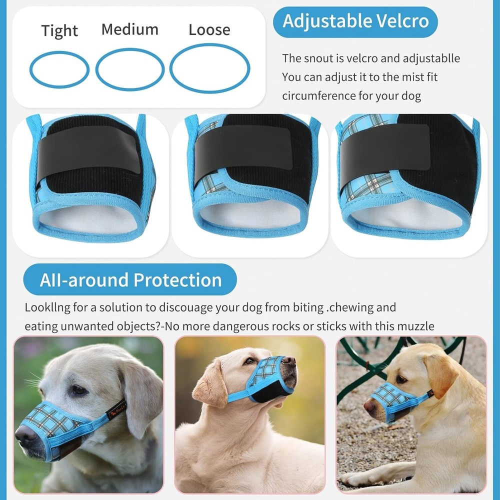 Comfortable Soft Nylon Dog Muzzle with Drinking Capability - Large P-Blue Plaid