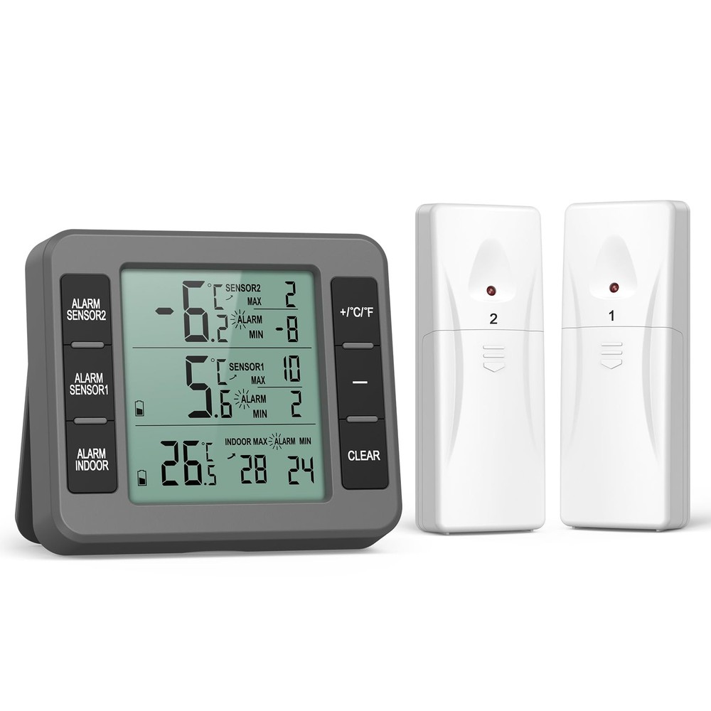 ORIA Refrigerator Thermometer, (New Version) Wireless Digital Freezer Grey