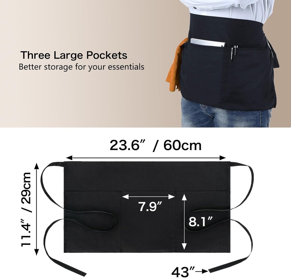 6 Pack Waitress Aprons with 3 Pockets - Server Aprons for Waiter, Extra Long ...