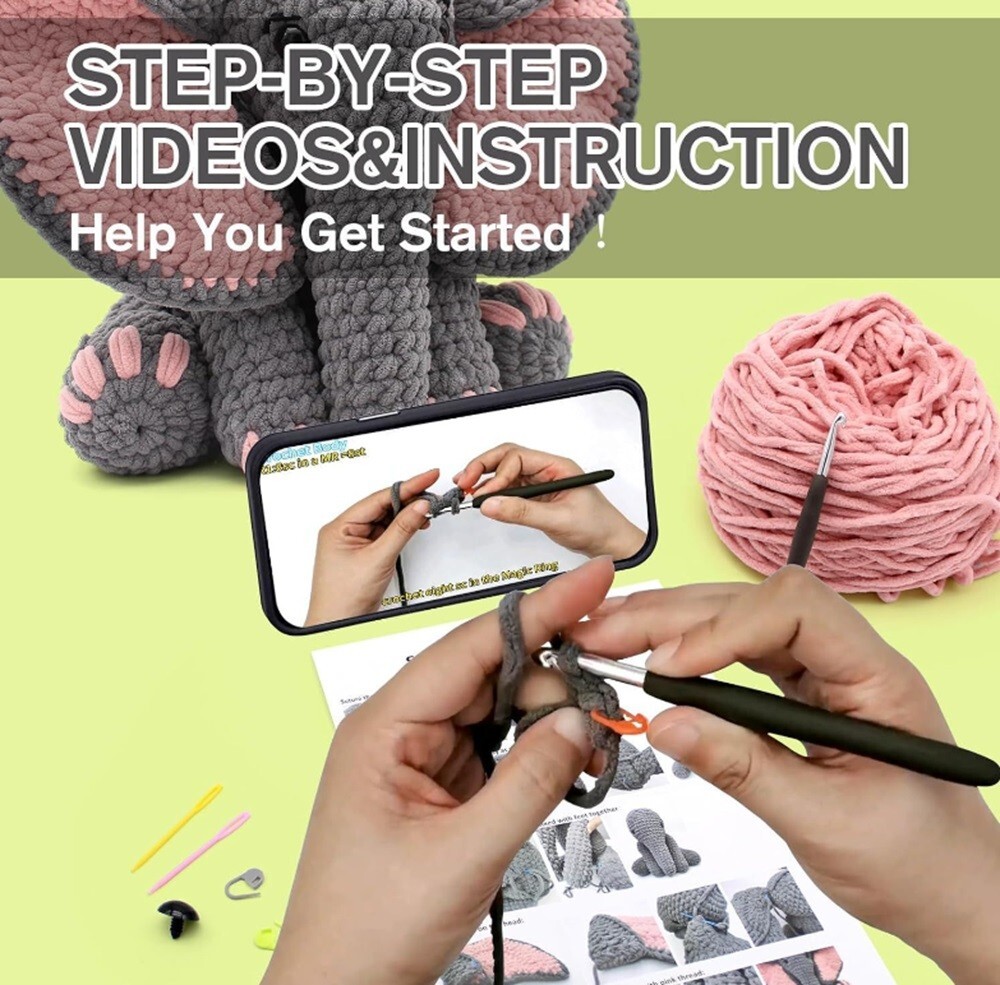 13″ Elephant Amigurumi Crochet Kit – Beginner Yarn Set with Video Tutorials