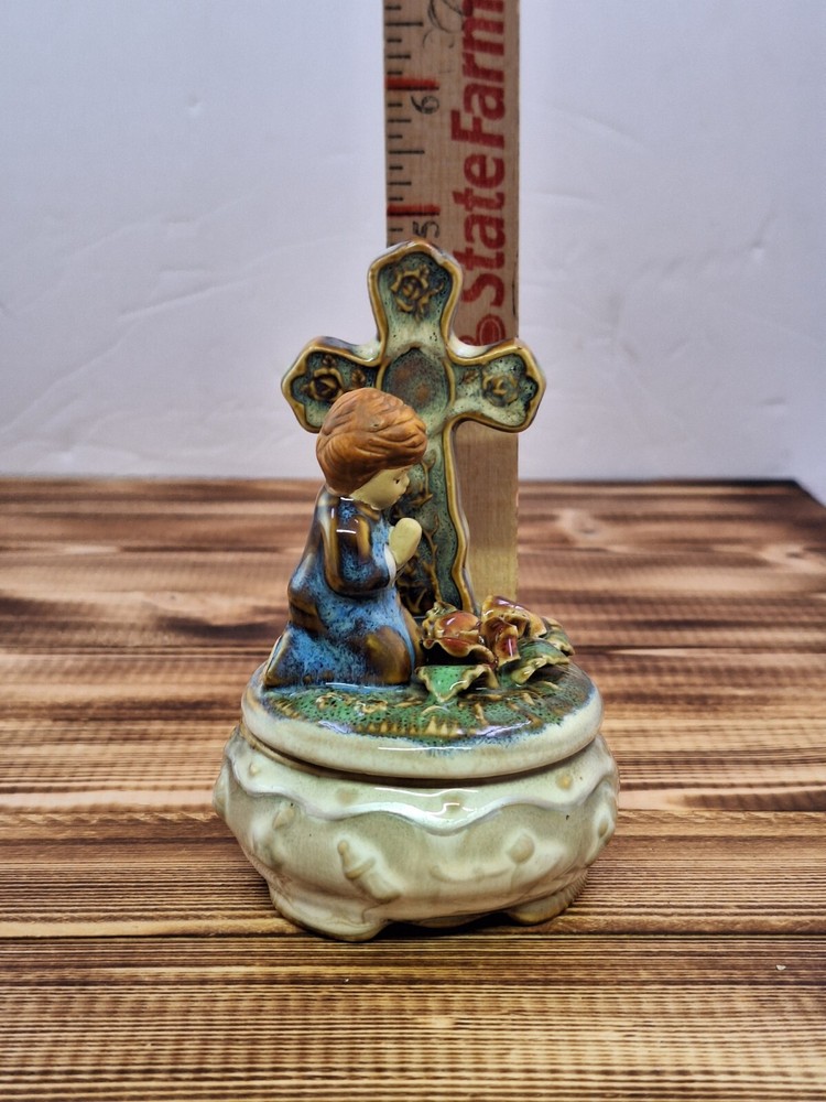 Ceramic Trinket Box With Praying Child and Cross