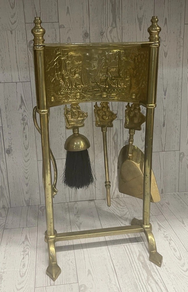 VTG Nautical Solid Brass Fireplace Tools Complete Set 5 Piece HMS Victory