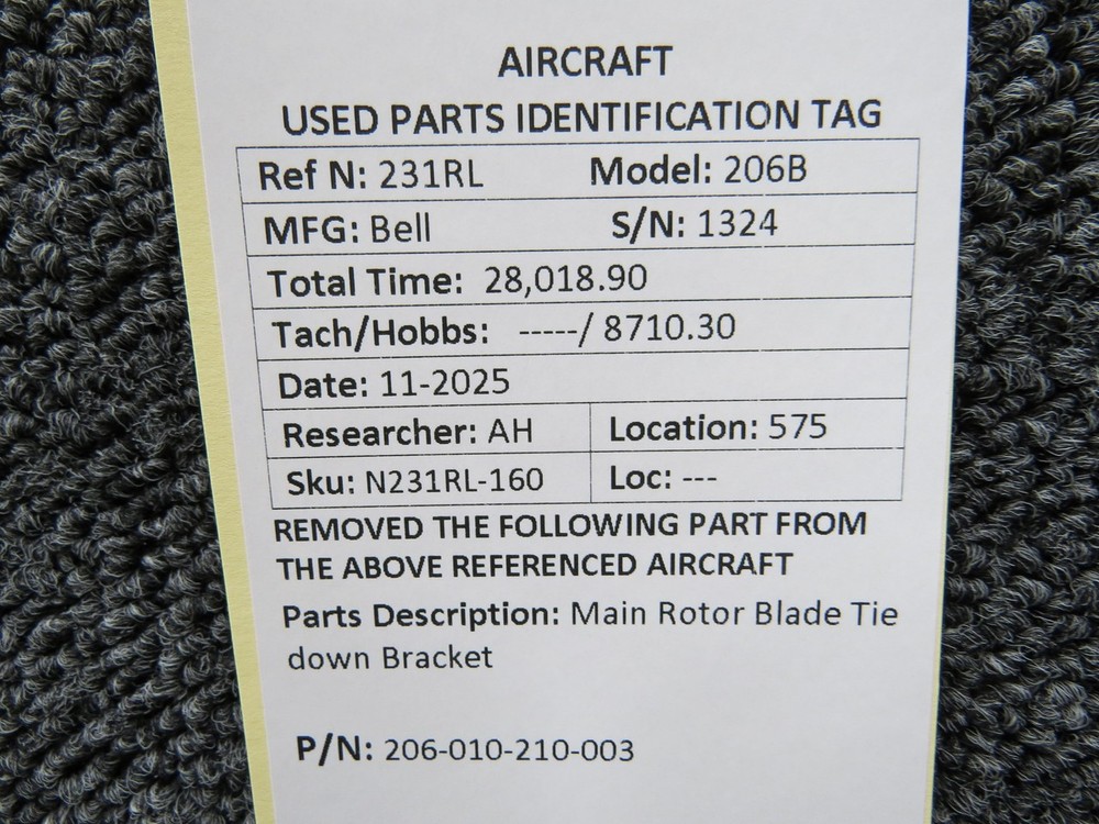 206-010-210-003 Bell 206B Main Rotor Blade Tie Down Bracket