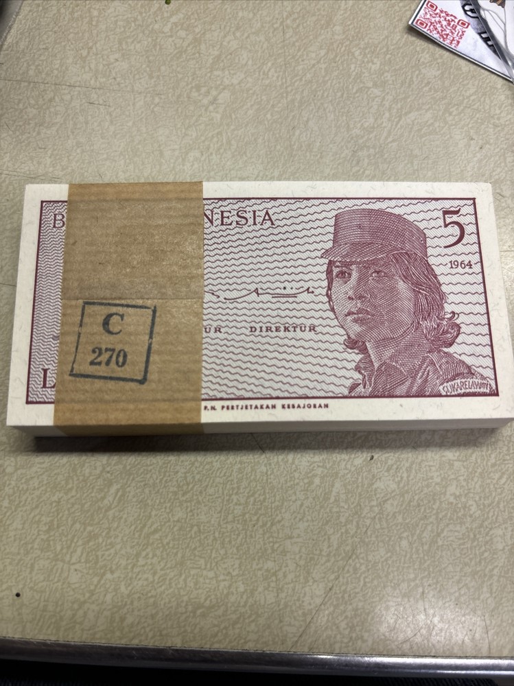100 pcs x Indonesia 5 Sen banknotes / uncirculated bundle / 1964 / P91