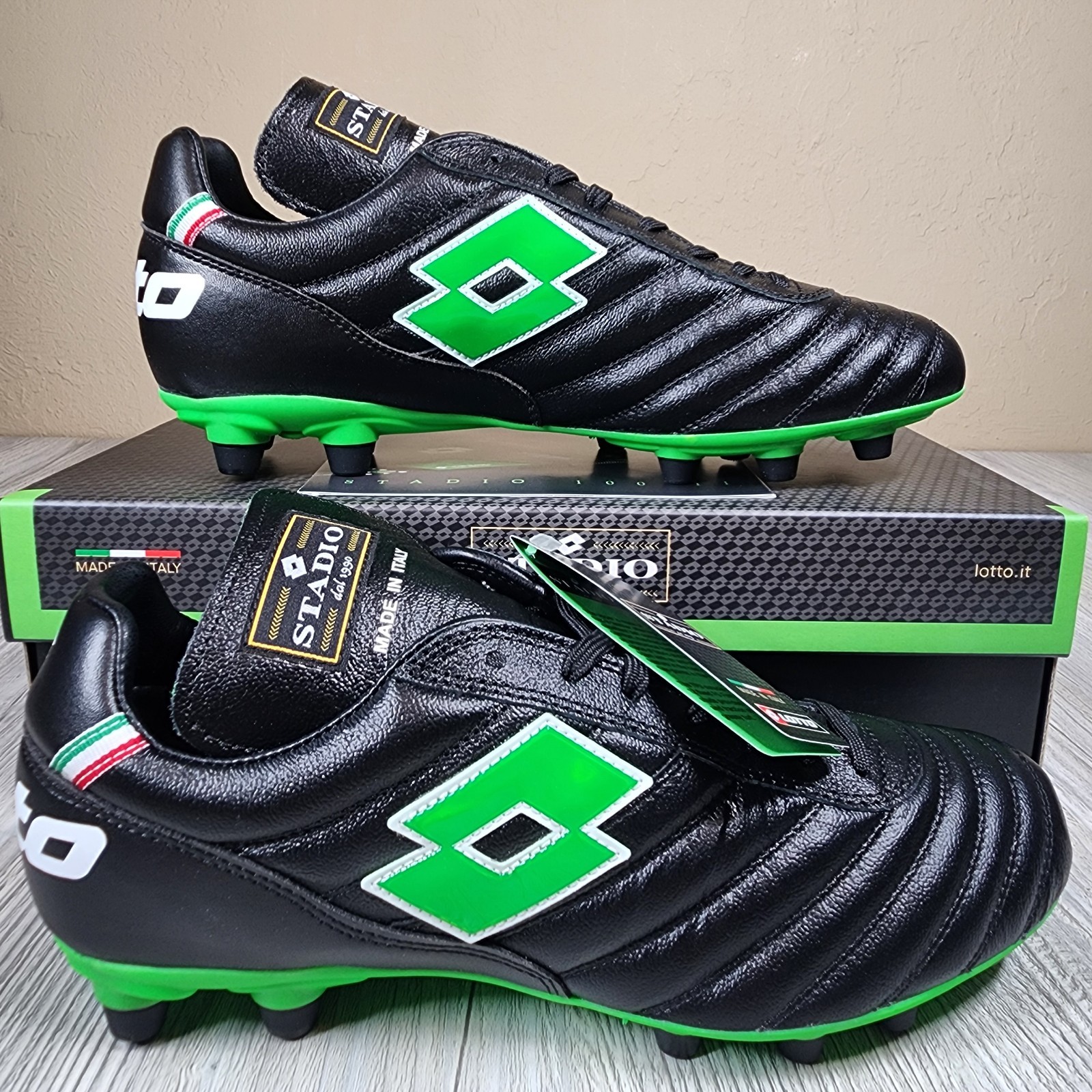 Lotto Stadio OG II FG Soccer Black/Green Mens Sizes 6.5-12 New Made In Italy