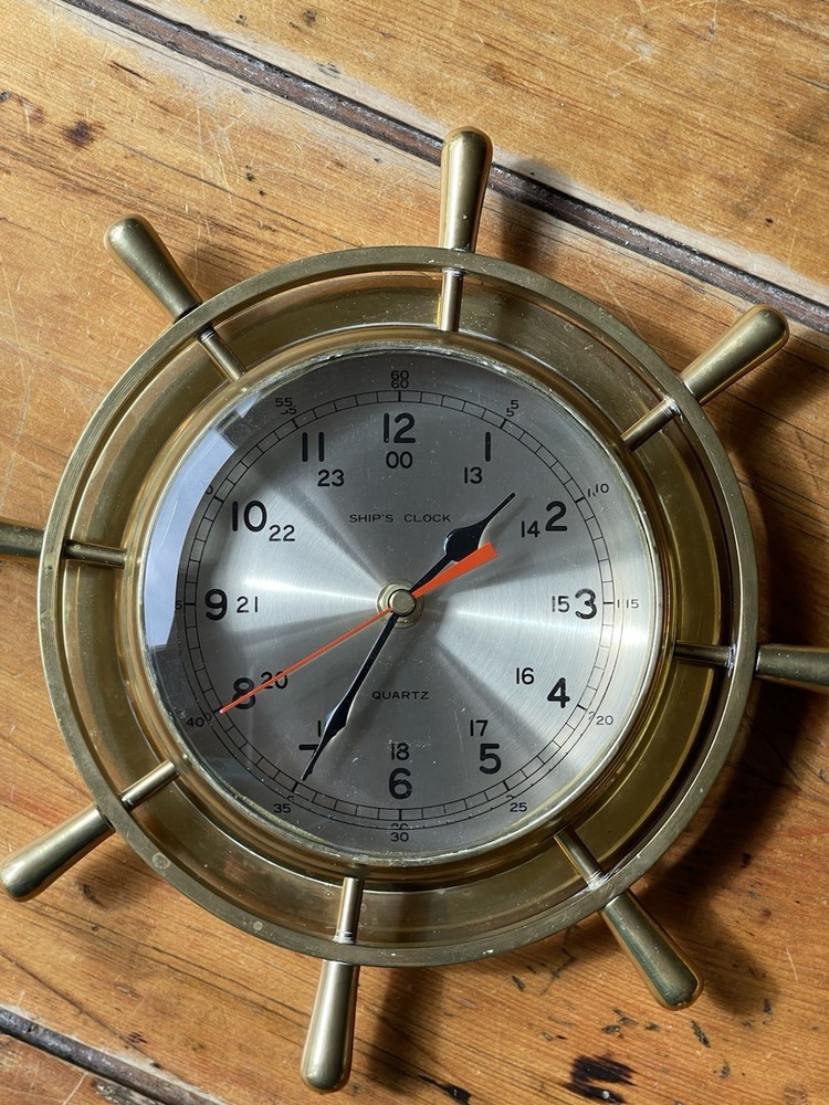 Vintage Ship's Time Solid Brass Wheel Nautical Marine Quartz Wall Clock Working