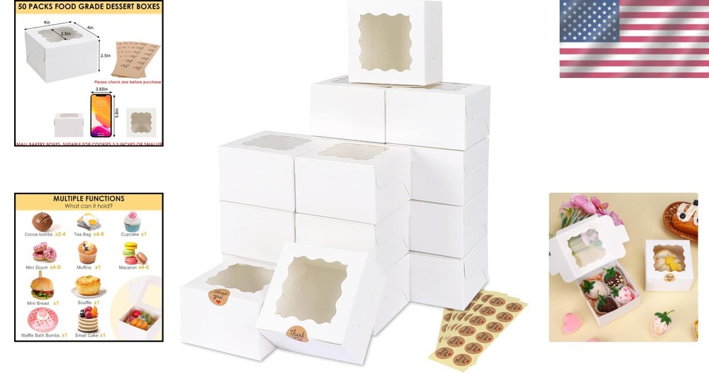 50pcs White Cookie Boxes with Window – 4x4x2.5” Elegant Bakery Gift Packaging