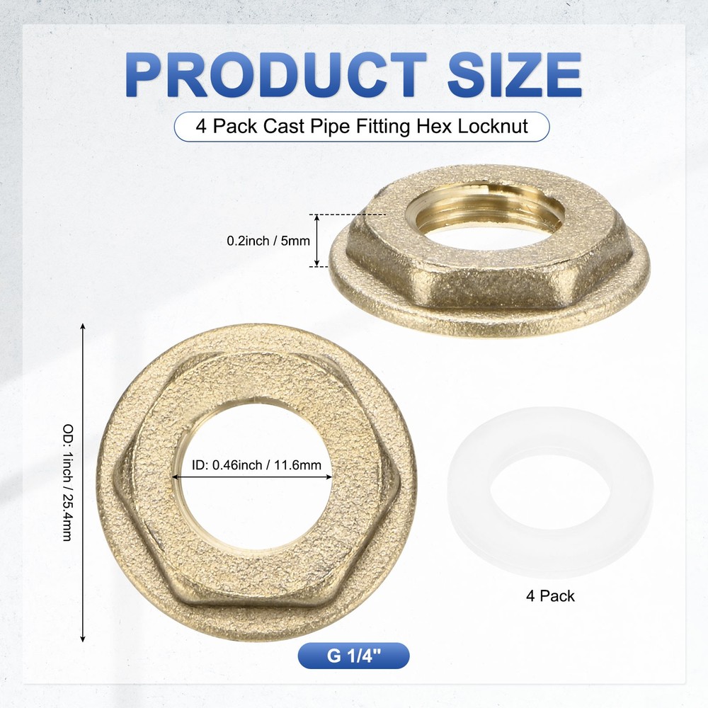 4 Pcs Brass G 1/4" Pipe Fitting Flange Hex Locknuts with Washer