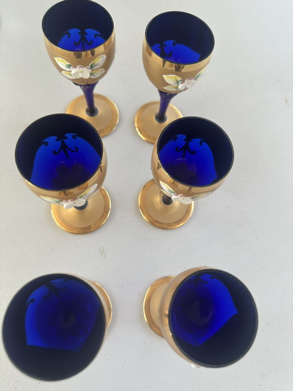 Antique Bohemian Moser Cobalt Blue Enamel Flowers Decanter & 6 Glasses Set