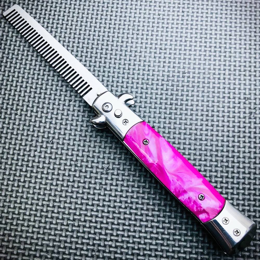 Automatic Push Button Folding Comb Barber Switchblade Pocket Knife Looking Brush