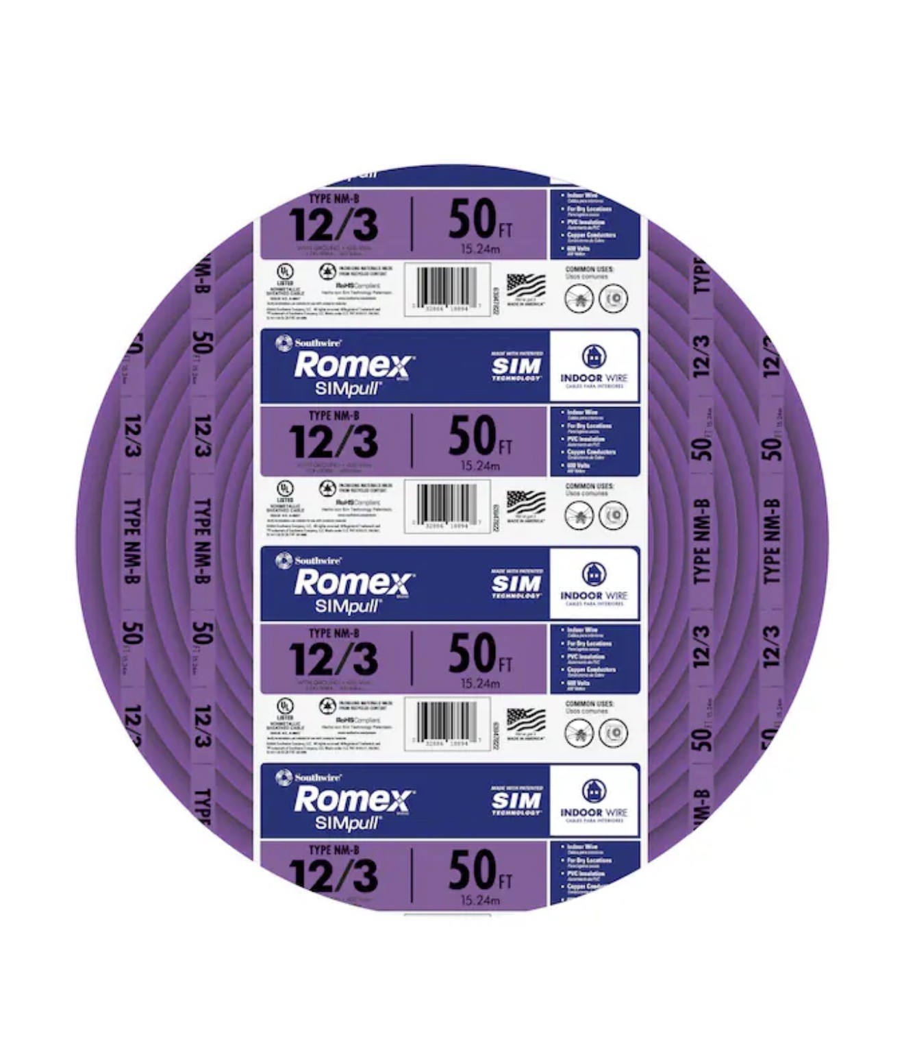 50 ft. 12/3 Romex SIMpull Solid Indoor CU NM-B W/G Wire Purple Coil.