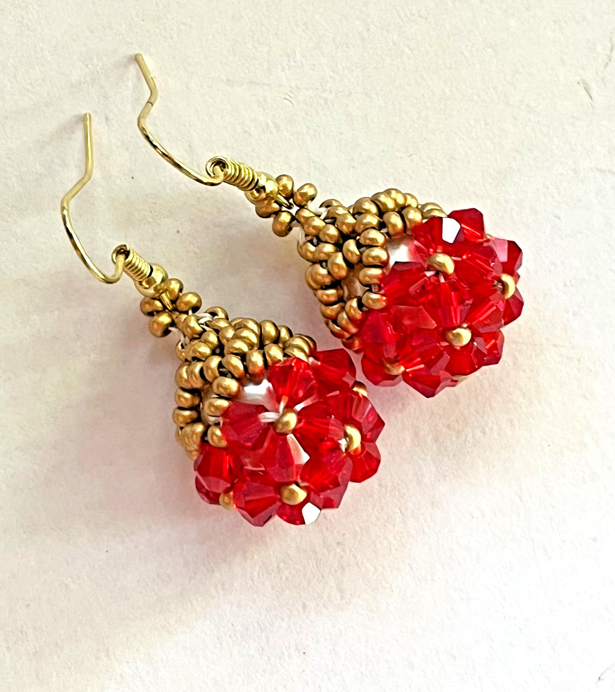 Handmade Red Gold Dangle Beaded Earrings
