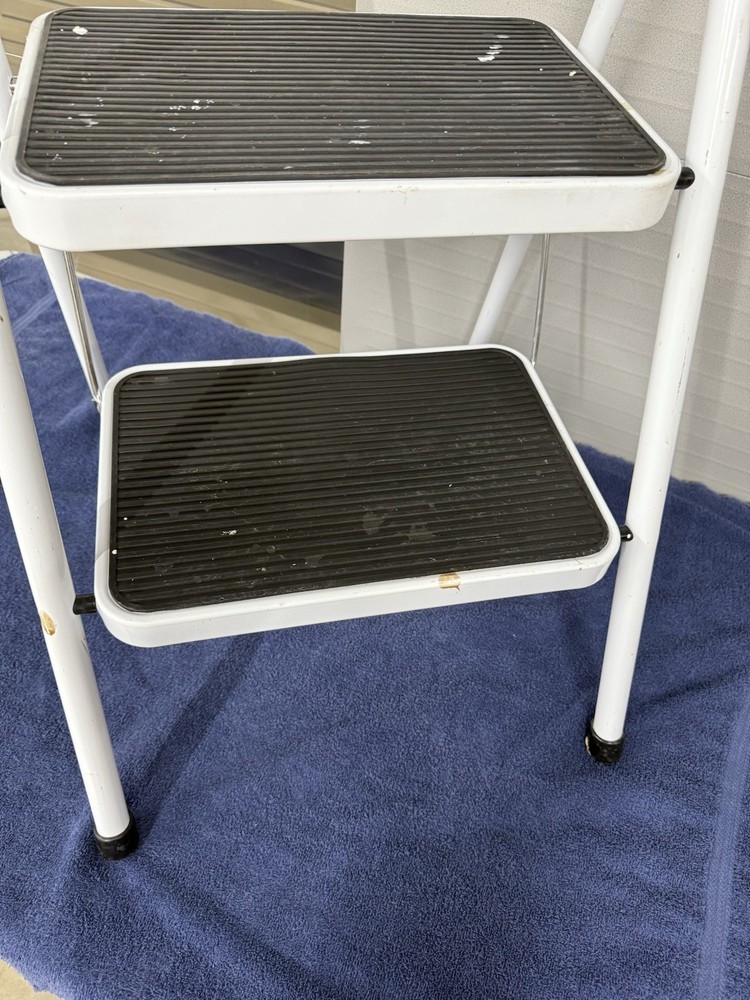 (Cosco Style) White Step Stool 2 Step Folding Stool White Folds Flat Thin 2.5”