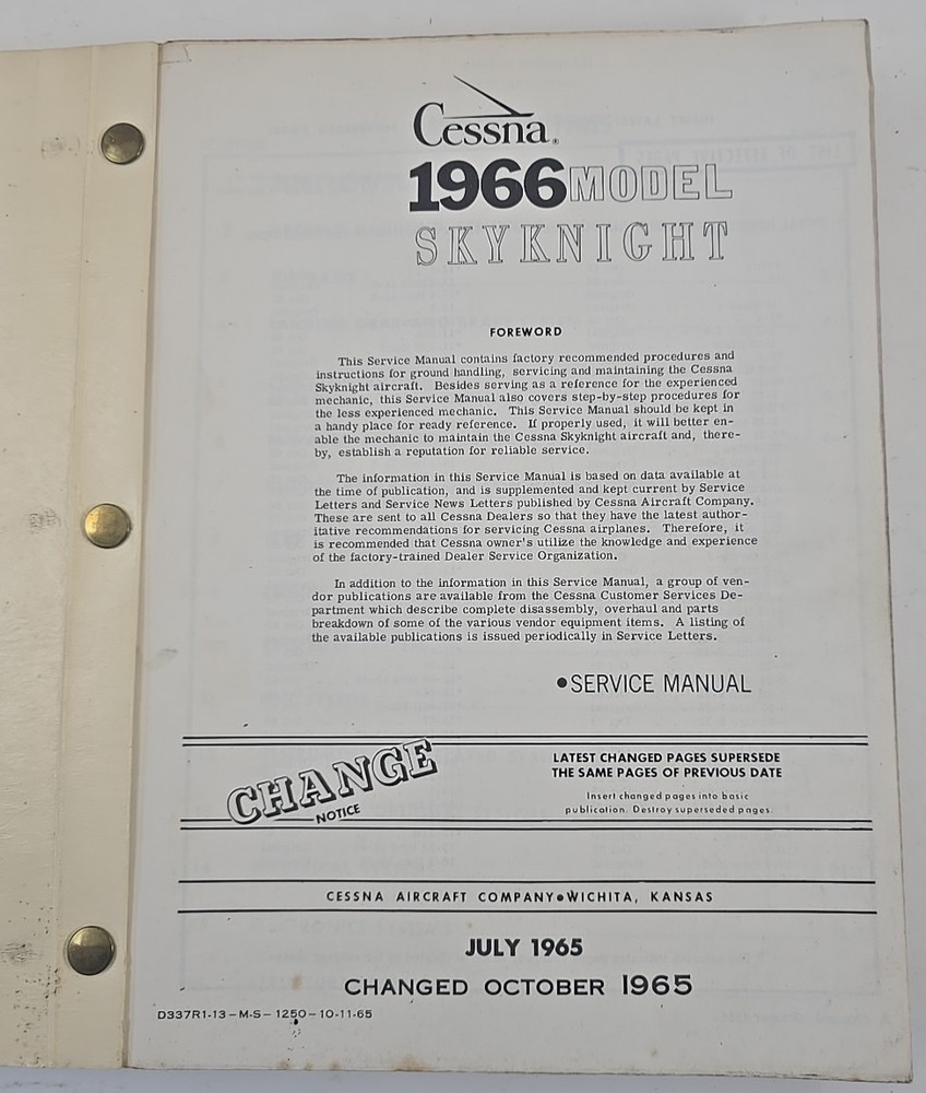1966 Cessna Model Skynight Service Manual