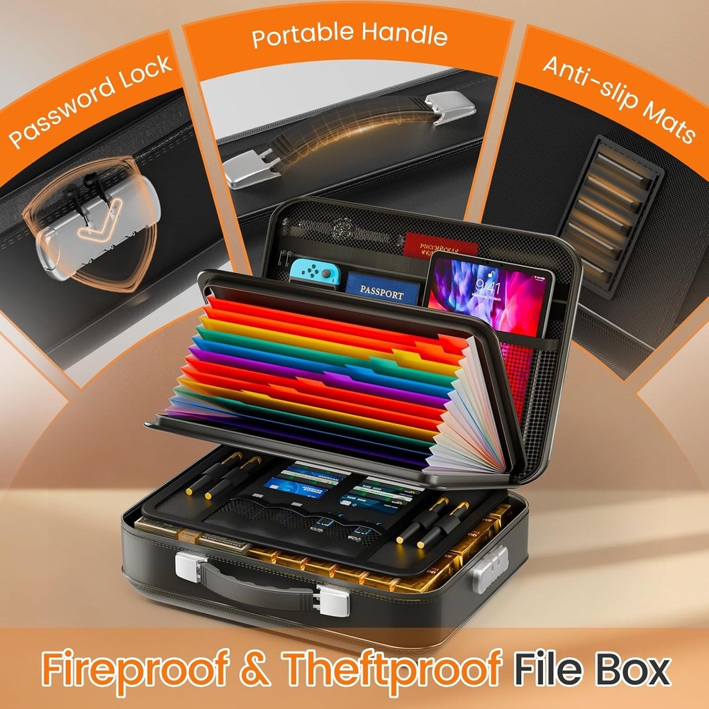 Fireproof Document Box with Lock 5200°F Fireproof Water Resistant Hard Case File