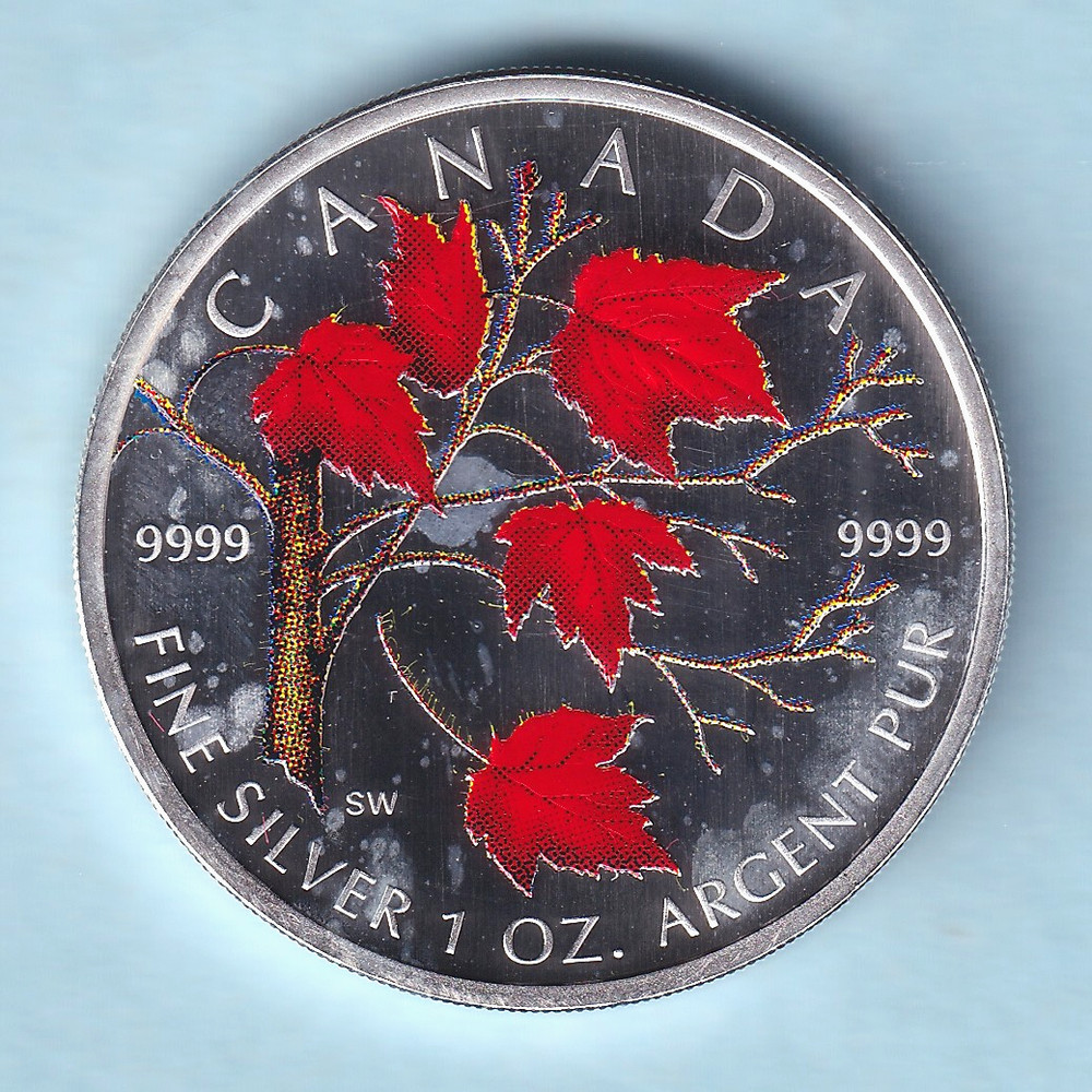 Canada. 2004 1 oz Silver -  Coloured  5 Dollars. Red Leafed Branch.. UNC