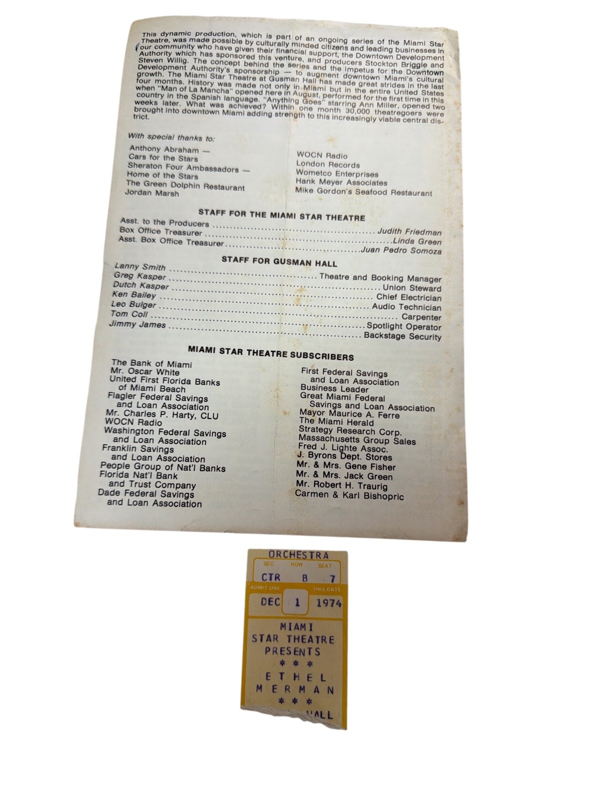 Signed Ethel Merman 1974 Miami Concert Program + Ticket Stub